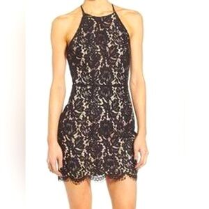 ASTR Black Lace Overlay Over Nude High Neck Open Back Zipped Mini Dress Large